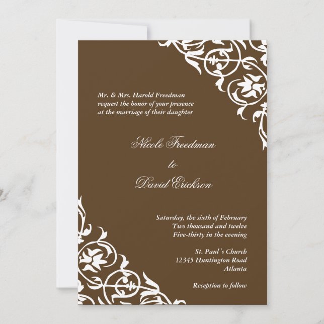 Cocoa brown corner scroll script elegant wedding invitation (Front)