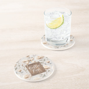 Cocoa Brown Cream Floral Coffee First Coaster