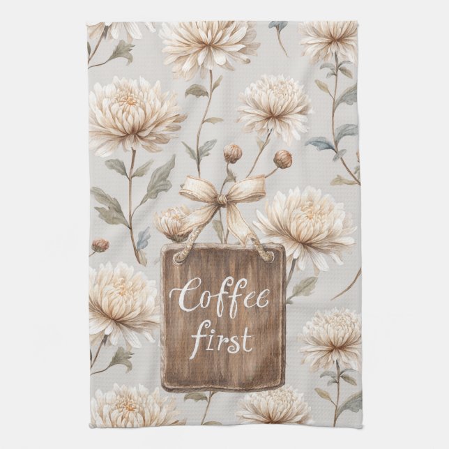 Cocoa Brown Cream Floral Coffee First   Kitchen Towel (Vertical)