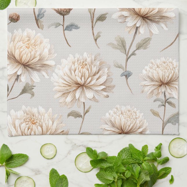 Cocoa Brown Cream Floral  Kitchen Towel (Folded)