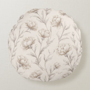Cocoa Brown Cream Floral Round Pillow