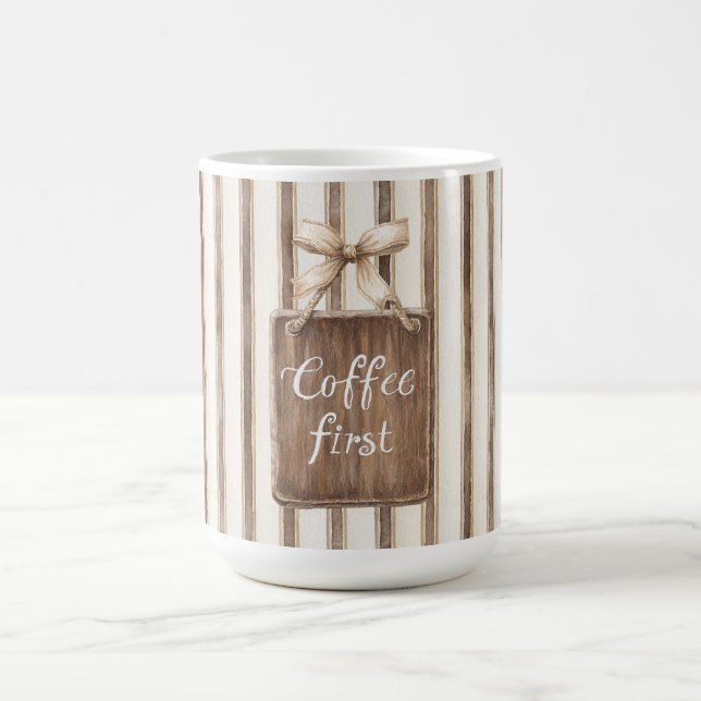 Cocoa Brown Cream Stripes Coffee First   Mug (Center)
