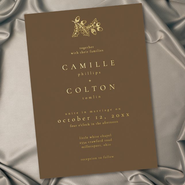 Cocoa Brown Minimalist Leaf Acorn Fall Wedding (Cocoa Brown Minimalist Leaf Acorn Fall Wedding Foil Invitation)