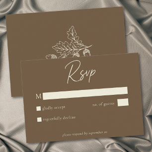 Cocoa Brown Minimalist Leaf Acorn Fall Wedding RSVP Card