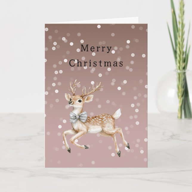 Cocoa Brown Ombre White Confetti Deer Christmas Card (Front)