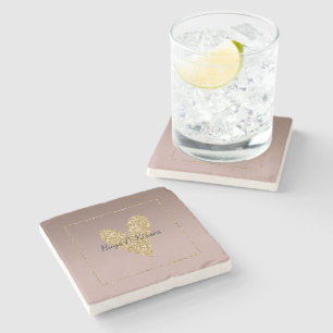 Cocoa Cream Brown Ombre Gold Glitter Heart Stone Coaster