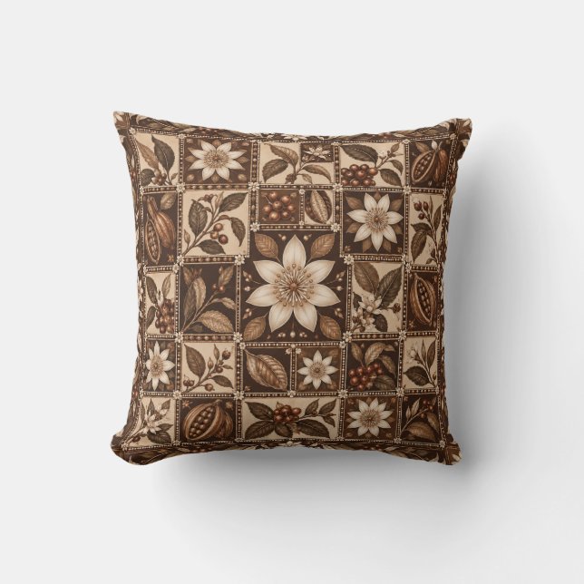 Cocoa Cream Floral Tile Patchwork Throw Pillow (Front)
