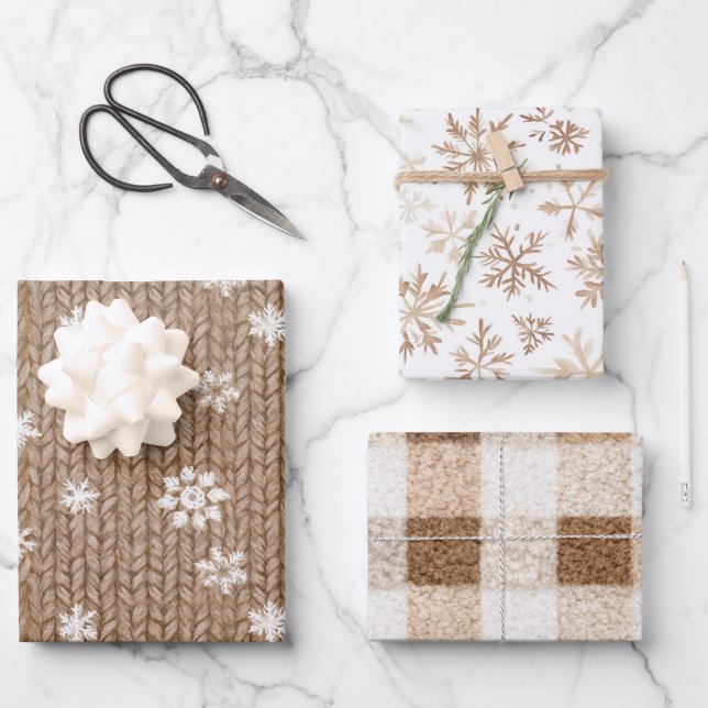 Cocoa Cream Snowflakes Plaid Stripes Christmas Wrapping Paper Sheet (Front)