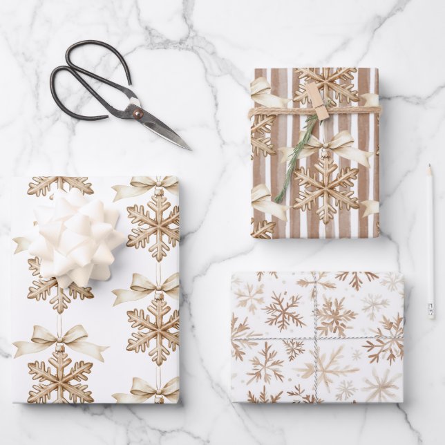 Cocoa Cream Snowflakes Stripes Christmas  Wrapping Paper Sheet (Front)