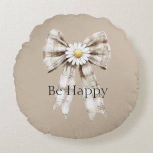 Cocoa Cream White Bow Daisy Flower Happy Round Pillow
