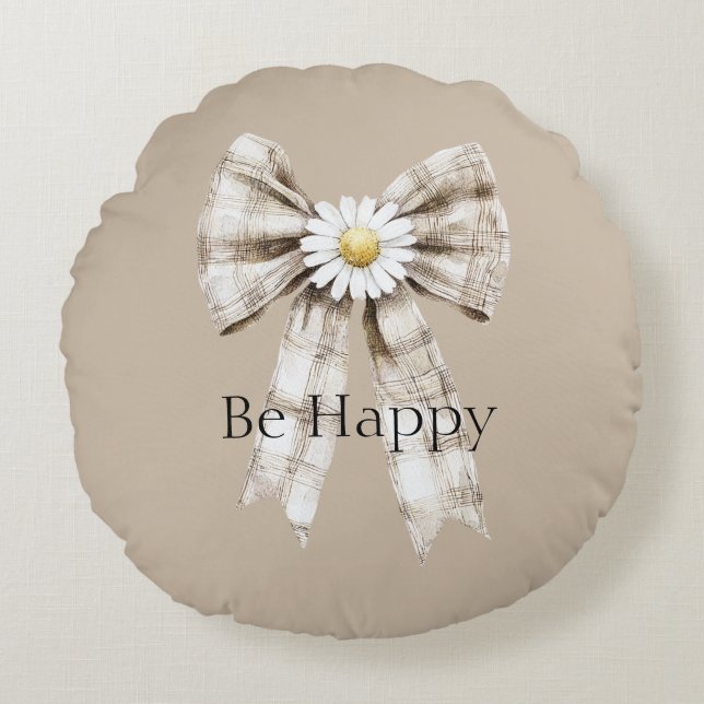 Cocoa Cream White Bow Daisy Flower Happy Round Pillow (Front)