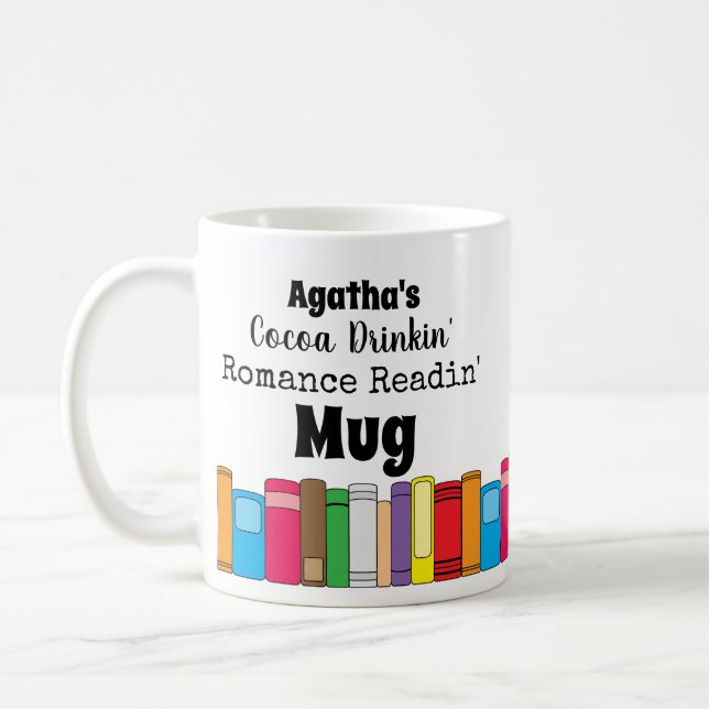 Cocoa Drinking, Romance Reading Book Shelf Coffee Mug (Left)