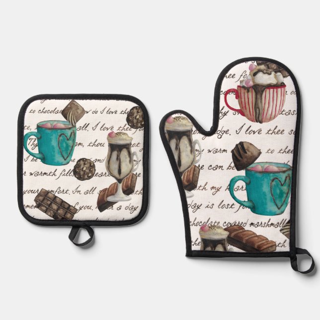 Cocoa marshmallow hot chocolate candy script oven mitt & pot holder set (Front)