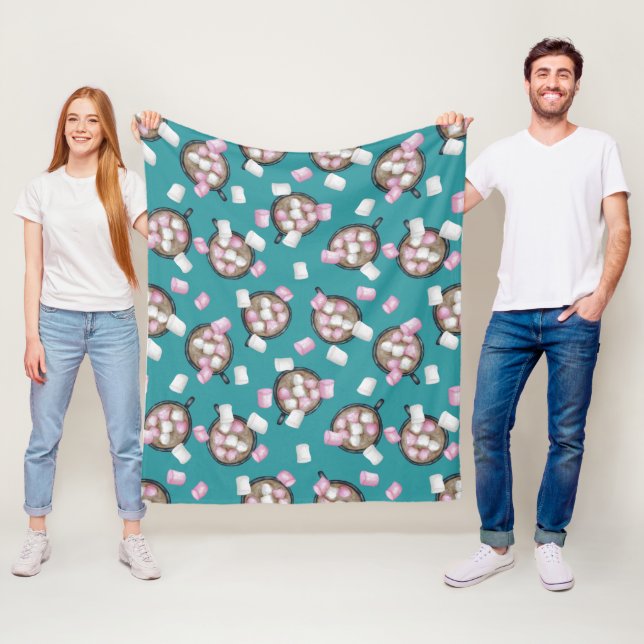 Cocoa marshmallow hot chocolate winter teal pink fleece blanket (In Situ)
