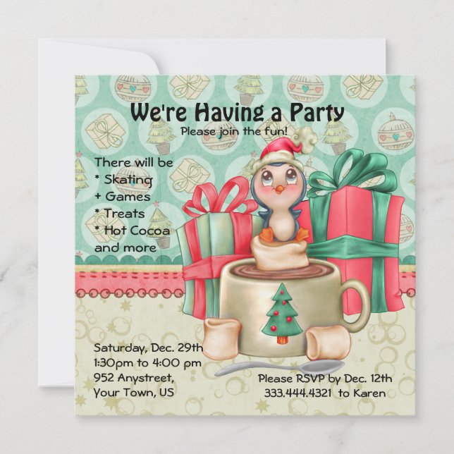Cocoa Penguin Winter Party Invitation (Front)