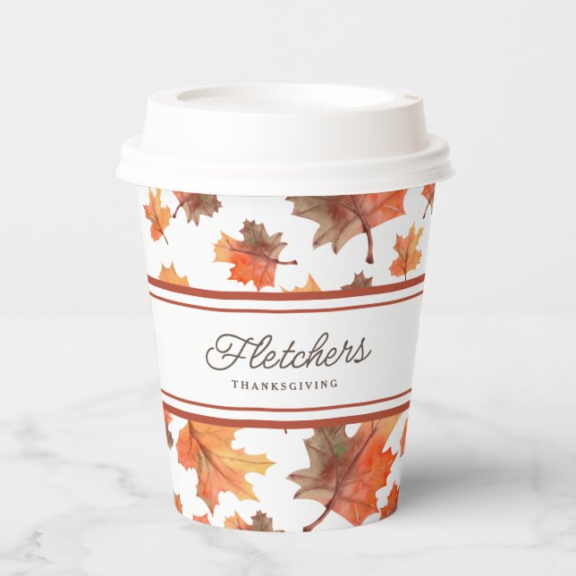 Cocoa Stripes & Golden Fall Leaves Customizable Paper Cups (Front)