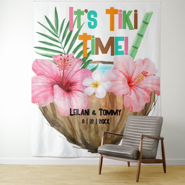Coconut Cocktail Tropical Tiki Couples Shower Tapestry (In Situ)