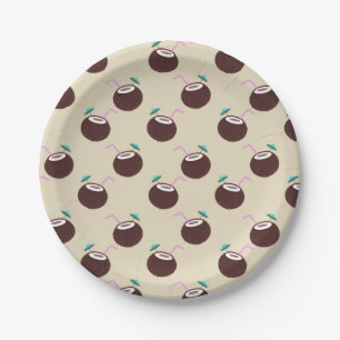 Coconut cocktail with straw pattern - Summer beach Paper Plate