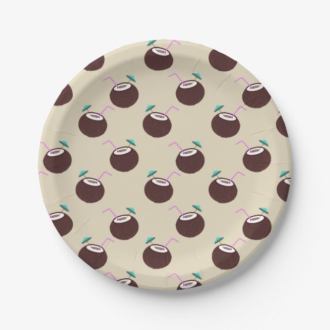 Coconut cocktail with straw pattern - Summer beach Paper Plate (Front)