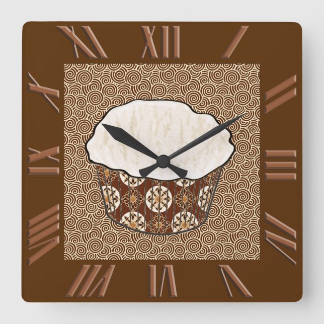 Coconut Cupcake, Japanese Swirl Background Square Wall Clock (Front)