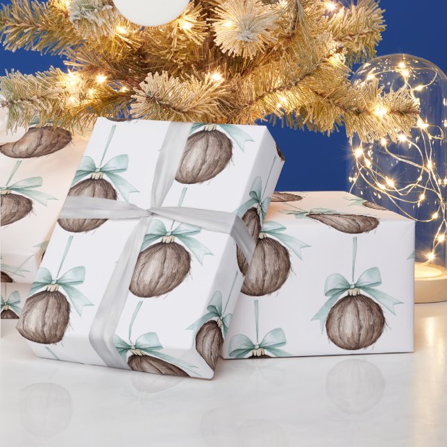 Coconut Ornaments Light Blue Bows Christmas Wrapping Paper (Holidays)