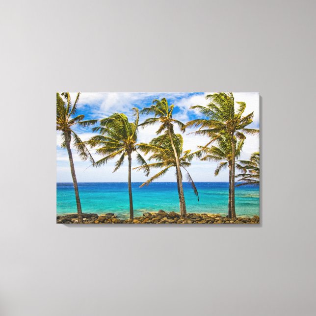 Coconut palm trees (Cocos nucifera) swaying in Canvas Print (Front)