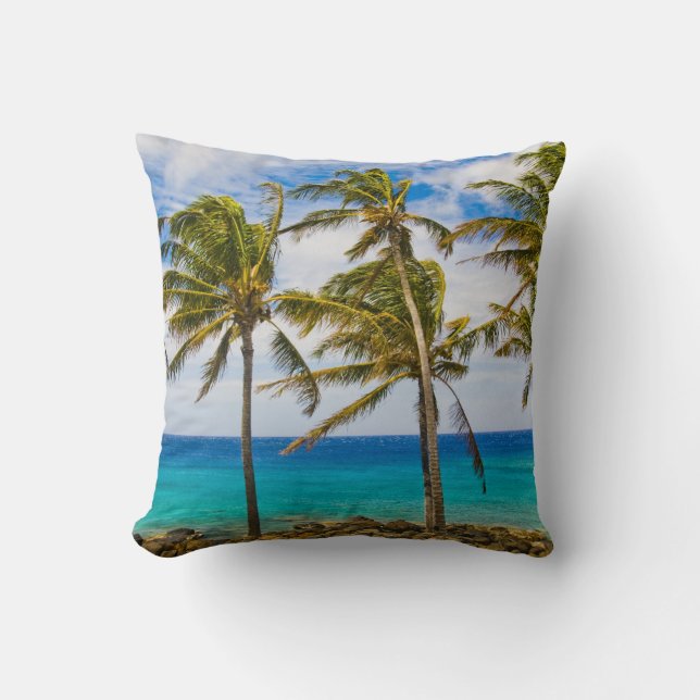 Coconut palm trees (Cocos nucifera) swaying in Throw Pillow (Front)