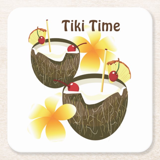 Coconut Tiki Time Bar Cocktail Square Paper Coaster (Front)