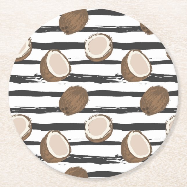 Coconuts on Grunge Stripes Pattern Round Paper Coaster (Front)