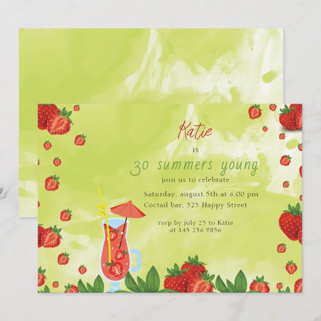 Coctail de fraise Invitation d'anniversaire (Devant / Derrière)
