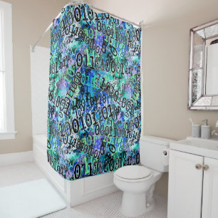 Code binaire de geek dans le rideau en douche bleu