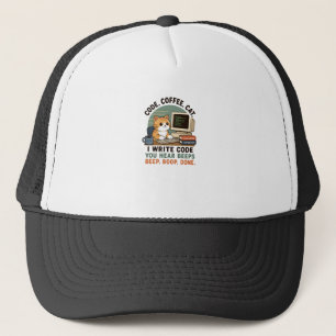 Code Coffee Cat Programmer Humour Illustration Trucker Hat