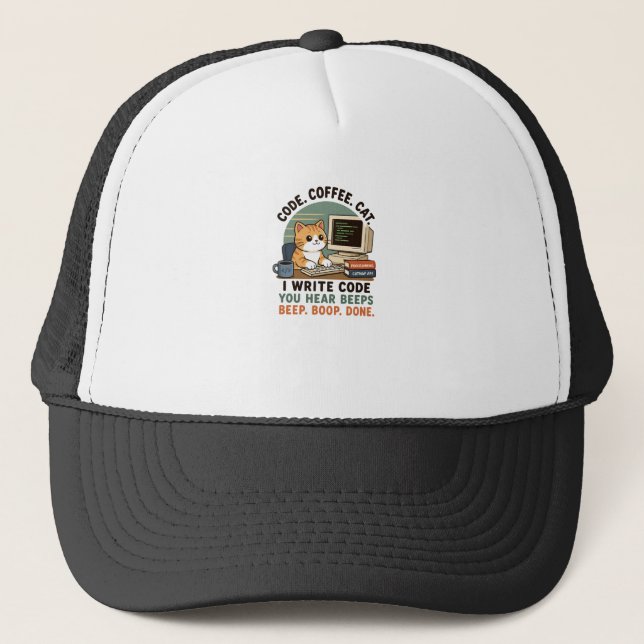 Code Coffee Cat Programmer Humour Illustration Trucker Hat (Front)