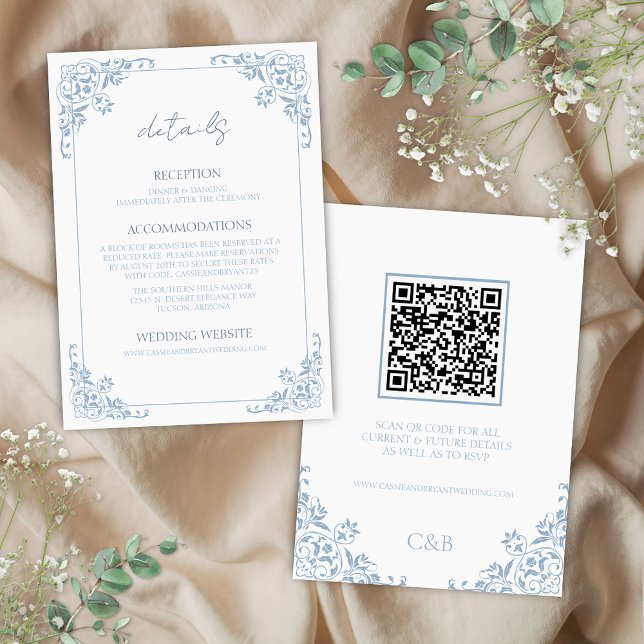 Code QR bleu blanc Détails du Mariage Carte de boî (Elegant blue and white romantic qrcode wedding details enclosure cards for french coastal chic event)