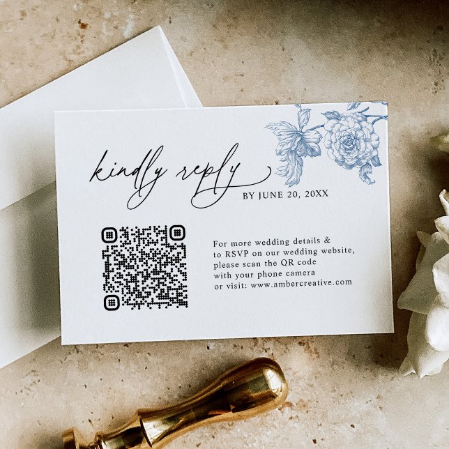 Code QR bleu classique minimaliste Mariage Cartes  (Créateur téléchargé)
