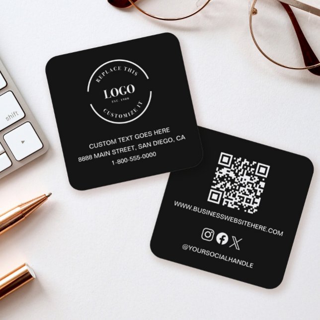 Code QR Carte de visite Black Custom Logo Moderne (Sleek black square business cards with logo, contact info, text, QR code, website social media icons)