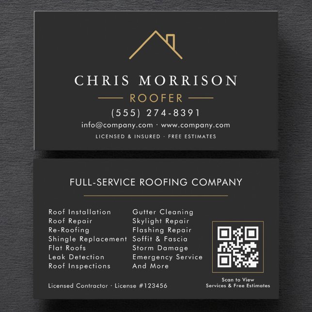 Code QR Carte de Visite Toiturier Moderne Noir Or (Créateur téléchargé)