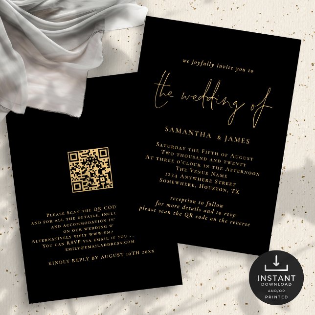 Code QR classique Faire-part de mariage noir or (Front and back view)