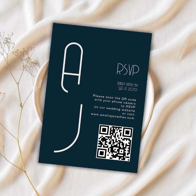 Code QR de mariage minimal monogramme Navy RSVP  (Créateur téléchargé)