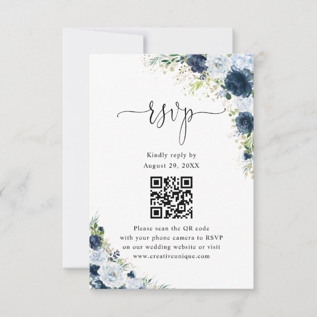 Code QR de réponse de mariage floral Navy bleu  (Devant)