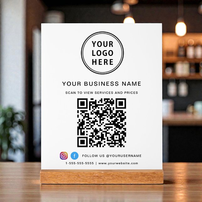Code QR d'entreprise et logo blanc (Business QR Code and Logo White Acrylic Sign)