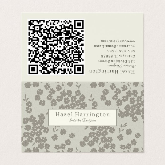 Code QR floral élégant Cartes de visite pliés (Extérieur déplié)