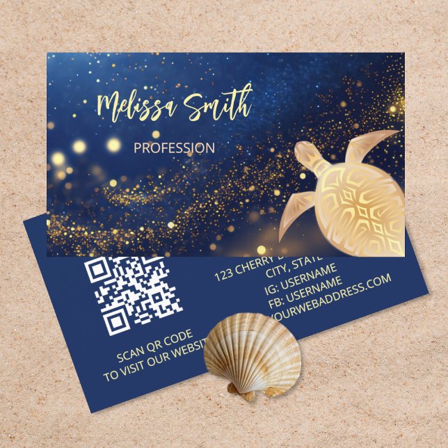 Code QR | Gold Tribal Turtle Carte de visite bleu (Créateur téléchargé)
