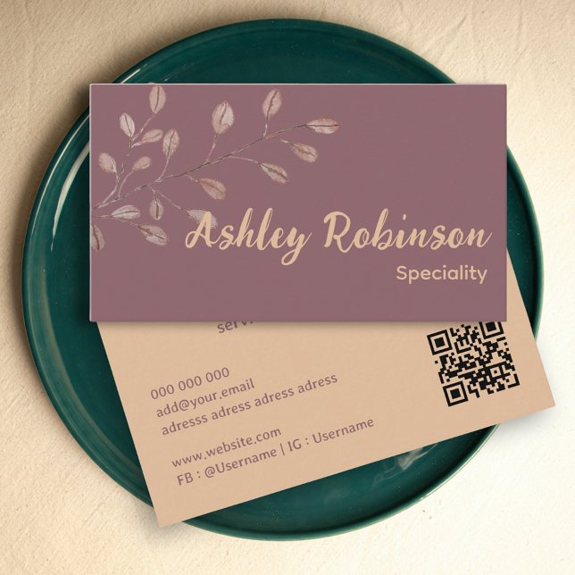 Code QR minimal Carte de visite de feuilles roses  (Minimal business card with QR code – terracotta pink leaf)