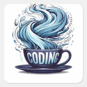 Coding Coffee Cup Binary Stream Square Sticker