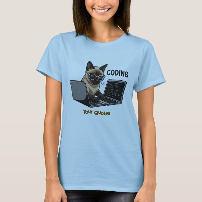 Coding Siamese Cat Cartoon T-Shirt (Front)