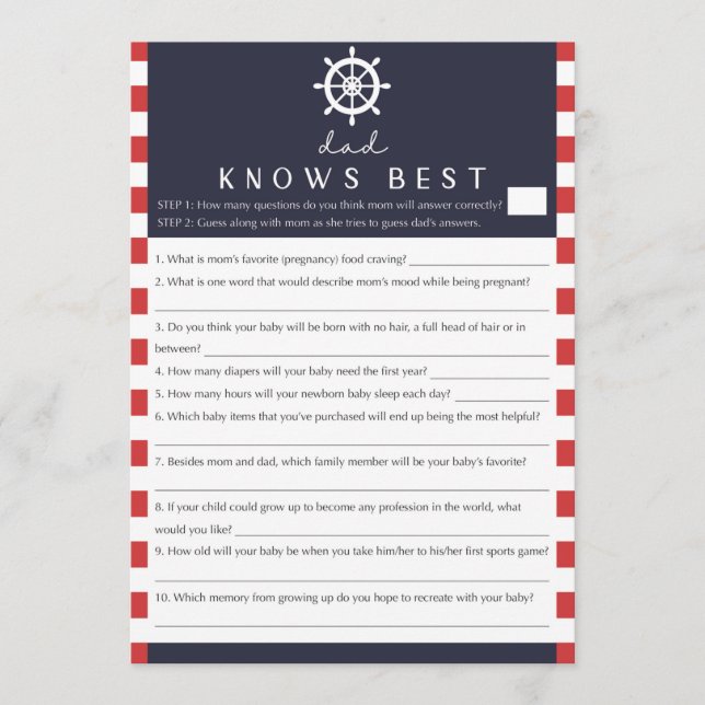Coed Baby Shower Dad Knows Best Game Nautical Invitation (Front)