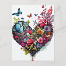 Coeur avec fleurs d'aquarelle et carte papillons
