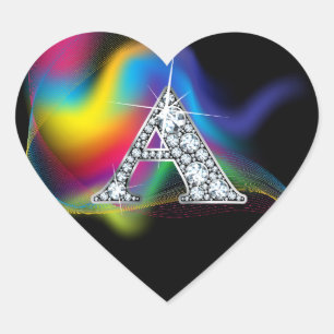 Cœur Bling "A" en diamant sur Sticker en arc-en-ciel