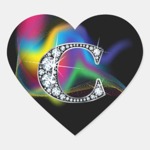 Cœur Bling "C" en diamant sur Sticker en arc-en-ciel